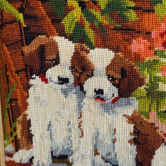 Vintage Framed Needlepoint St. Bernard Puppies Cross-Stitch Art In Wooden Frame - Picture 2 of 10